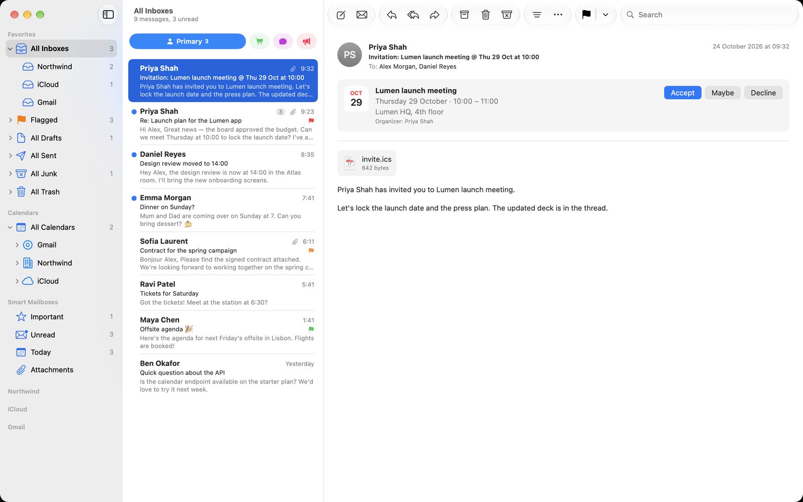 Mailat on Mac: an inbox with a meeting invitation you can accept right in the message